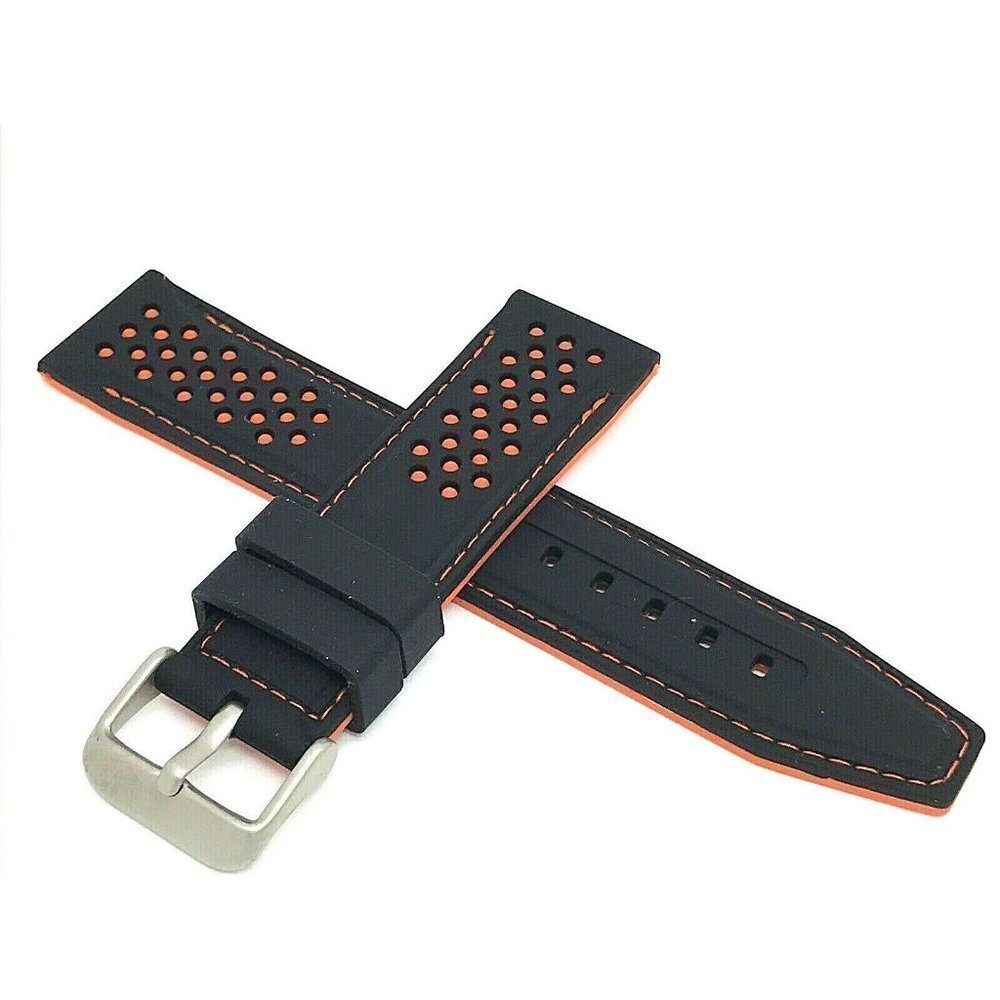 Mens Watch Band Replacement Black Orange Rubber Strap 22mm Lug Silver Buckle 8''
